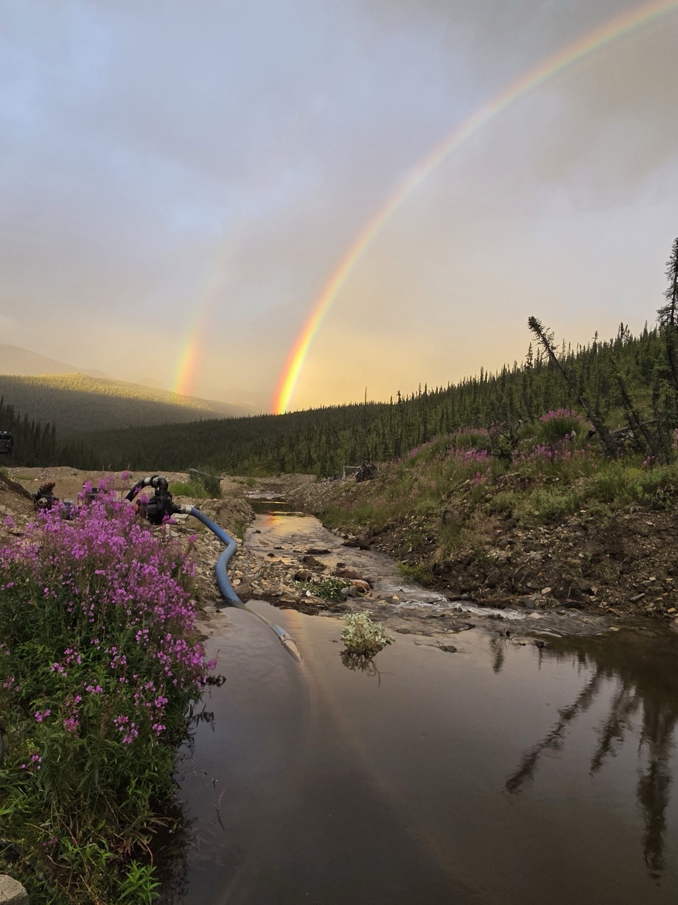 Double rainbow over a creek at the claim.