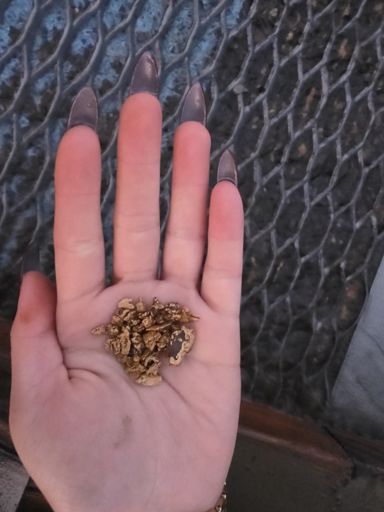 Small gold pieces shown in a hand.