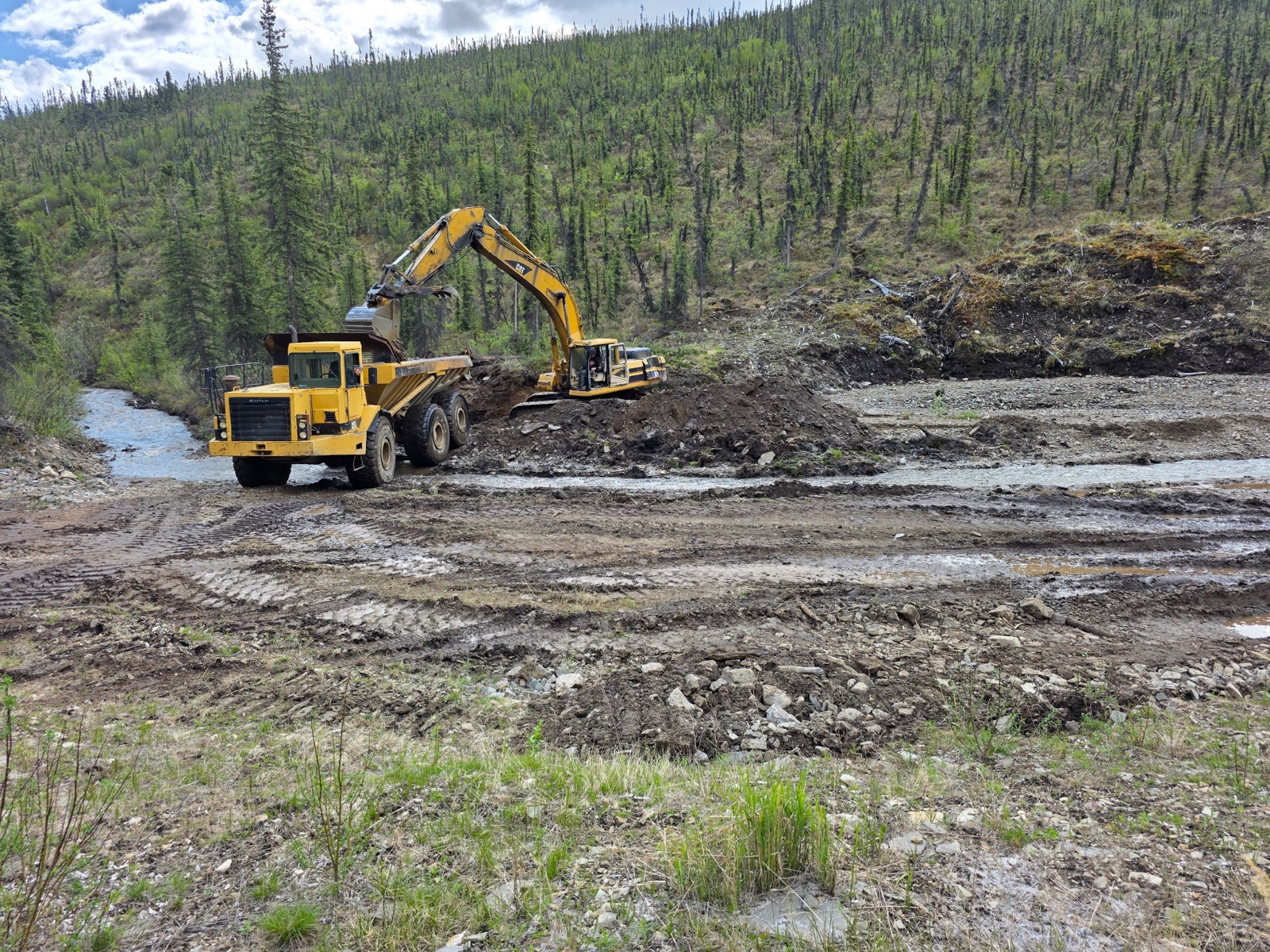 Loader dumping material into a hopper.
