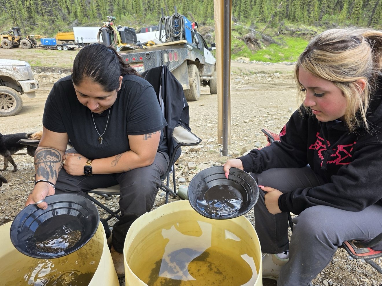 Close-up of panning buckets and concentrates.