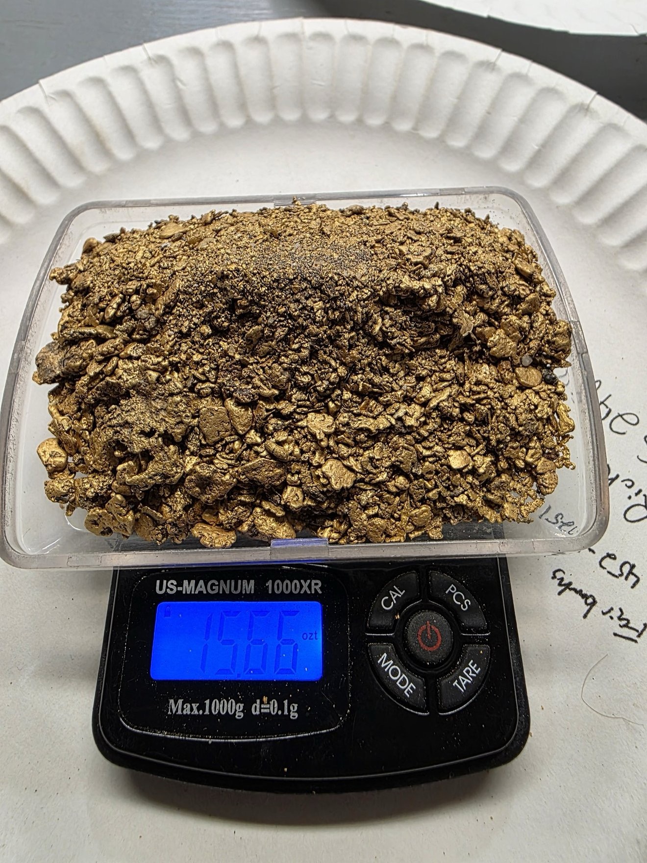 Paydirt or concentrate weighed on a digital scale.